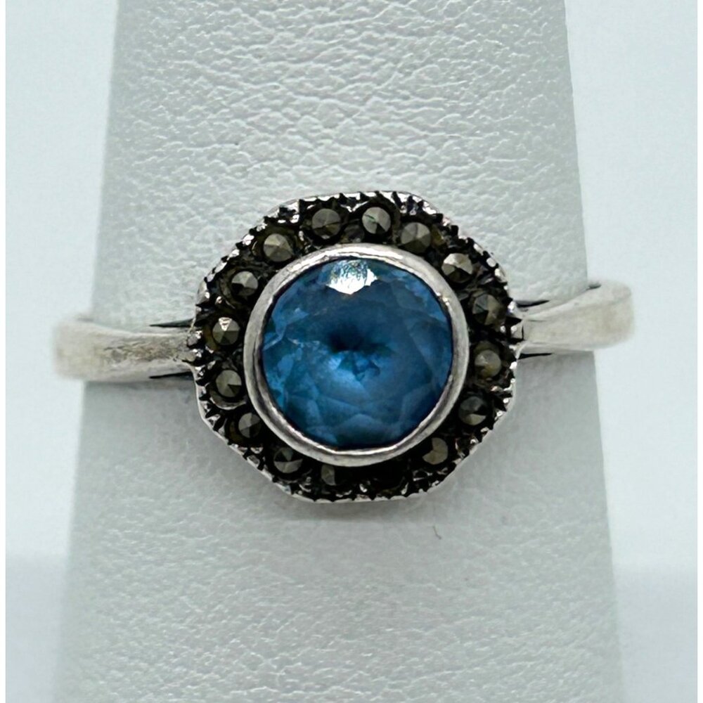 Vintage 925 Sterling Silver Blue Stone & Marcasite Halo Ring Size 6